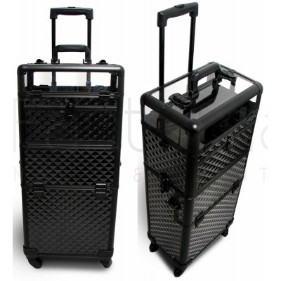 BEAUTY TROLLEY CASE 2 IN 1 4 WHEELS BLACK - SILVER CLEAR PANEL AT THE TOP!